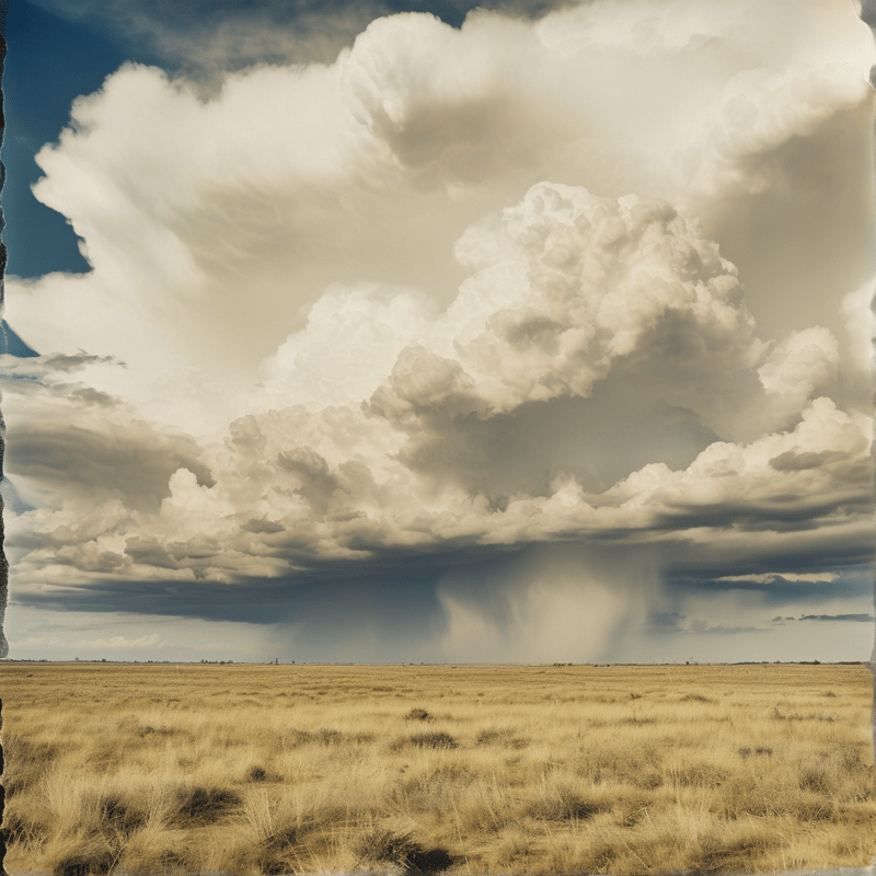 A massive cumulonimbus formation dominates the sky above a flat expanse of yellow grass with rain falling.