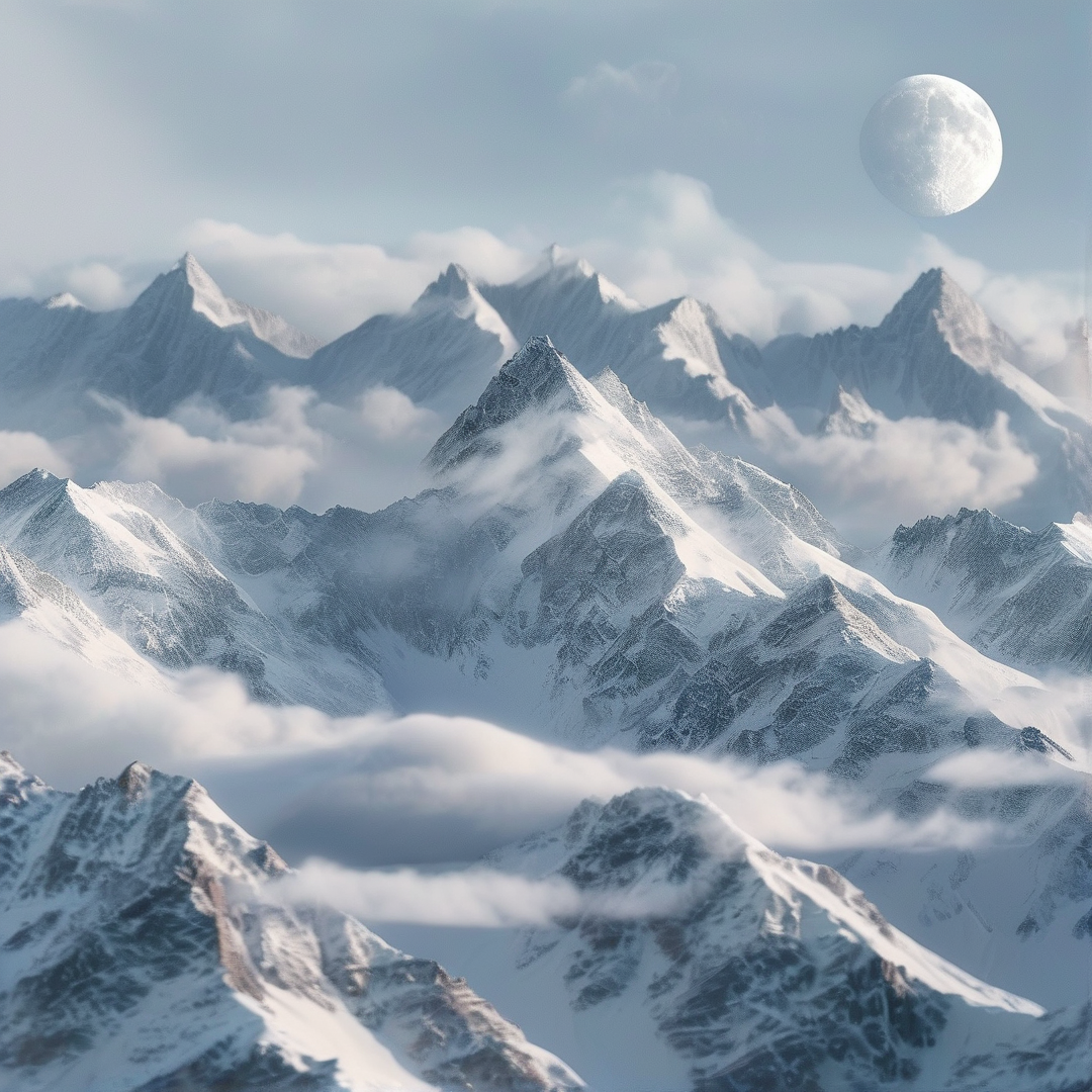 Snowy Peaks and Large Moon
