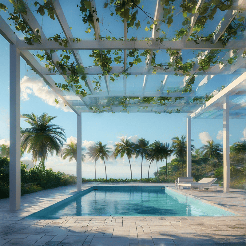 A white pergola with vines covers a pool surrounded by palm trees under a bright blue sky with clouds.