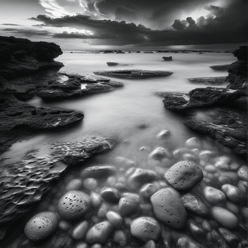 Monochrome view of a rocky coastal shore with smooth water between pitted stones under cloud cover with sun piercing through