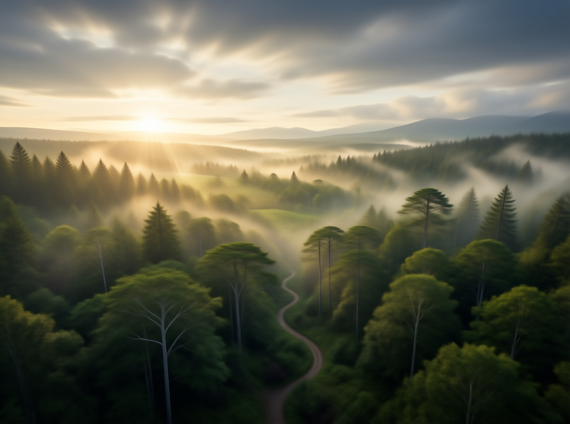 Misty Forest Valley at Sunrise