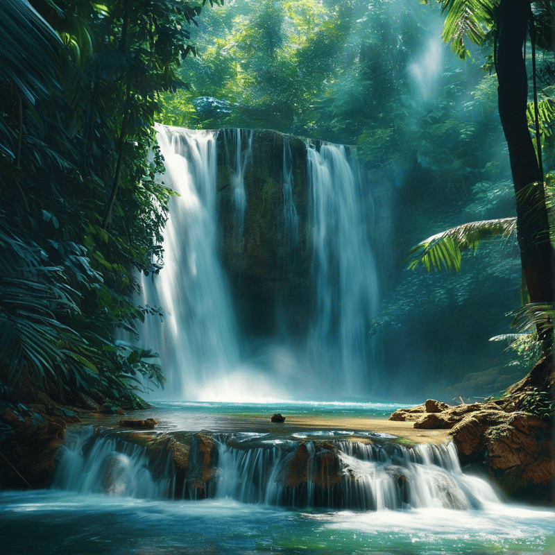 White water cascades down a mossy cliff face into a turquoise basin amidst lush jungle vegetation.
