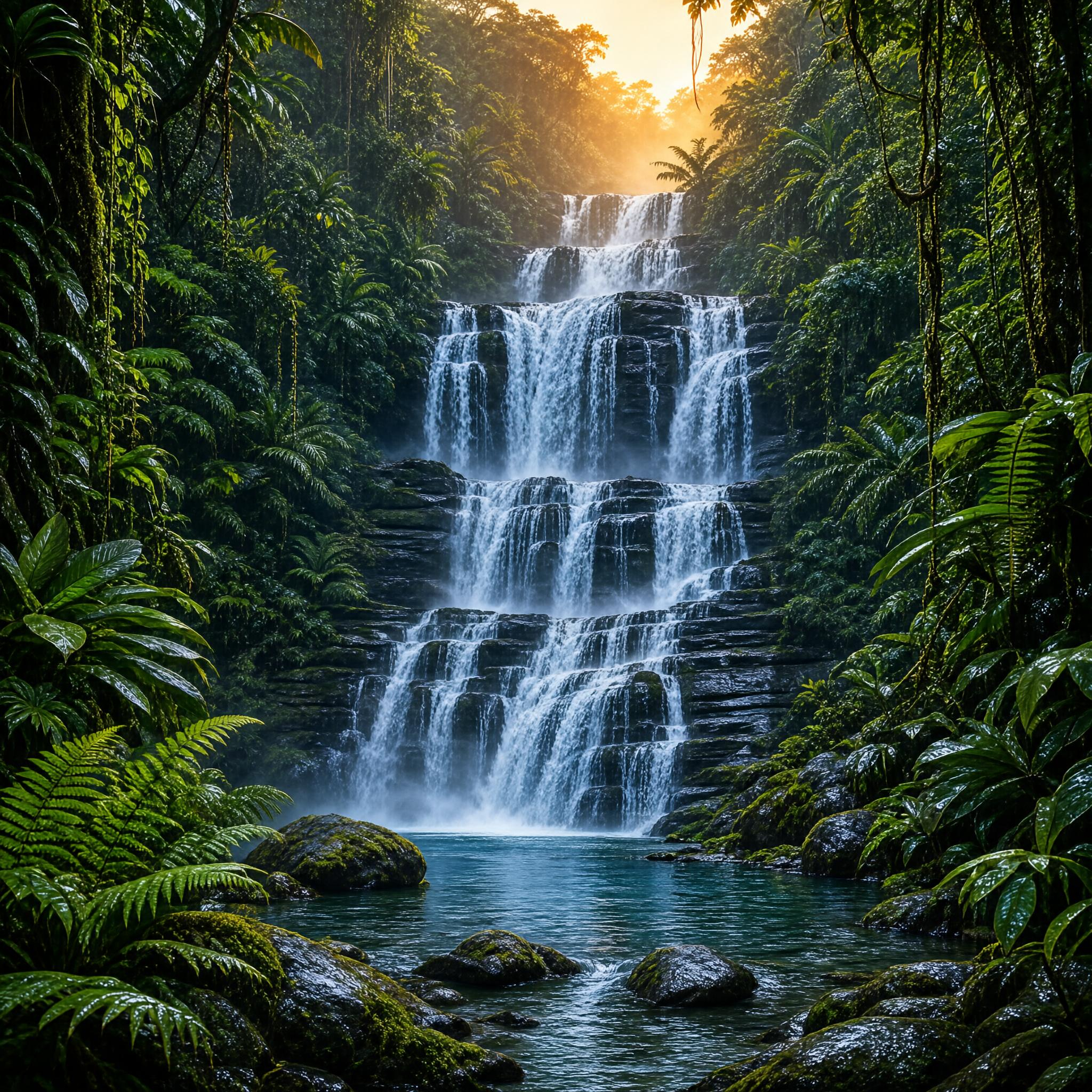 Jungle Waterfall at Sunrise