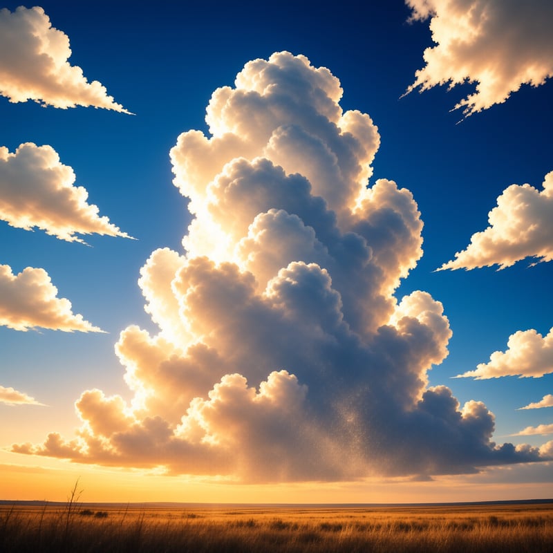 A massive white cumulonimbus cloud dominates the center of the frame against a deep blue sky while smaller clouds drift near the edges and golden sunlight illuminates the cloud edges above a flat brown landscape.