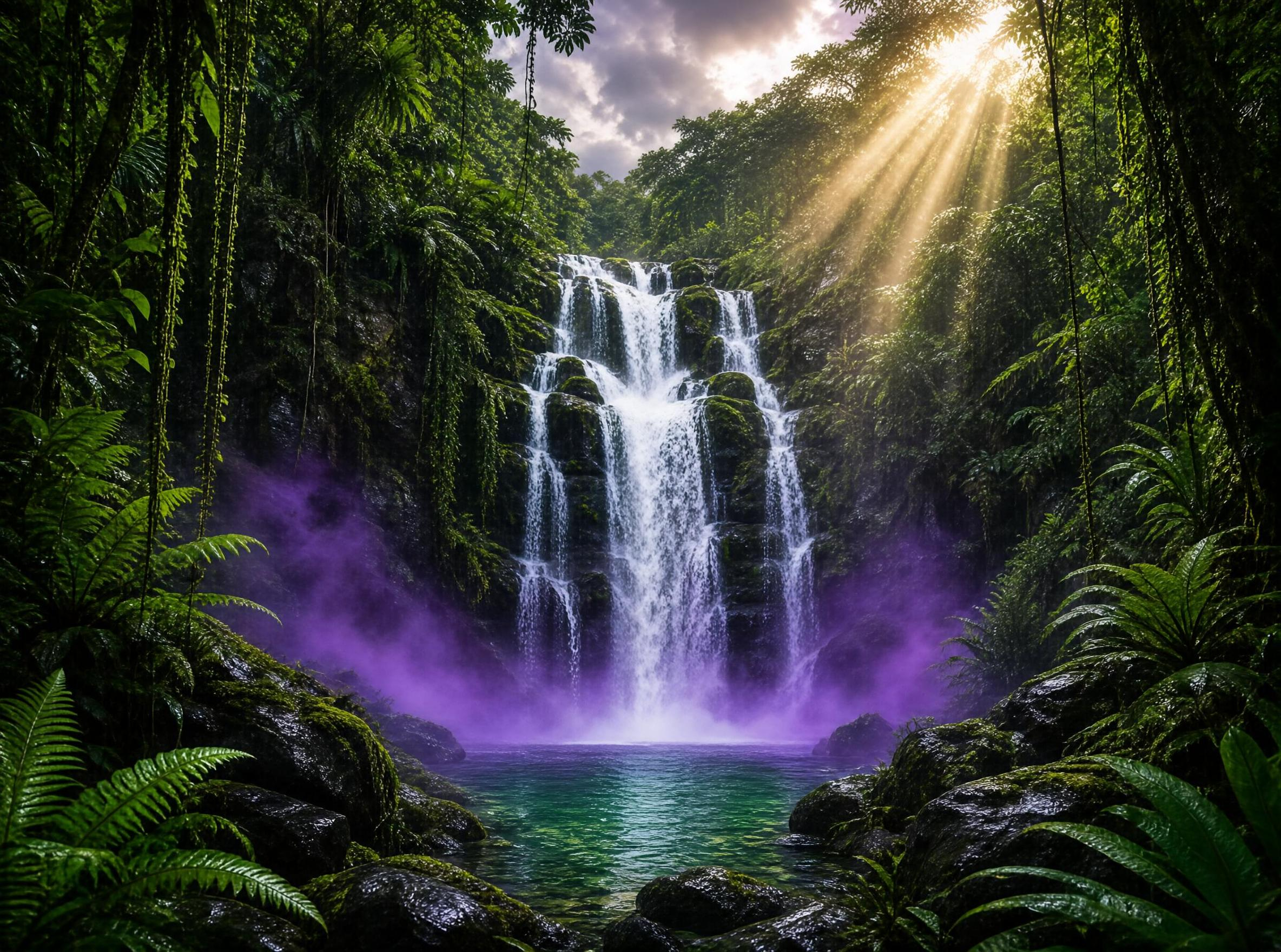 Sunlit Jungle Waterfall