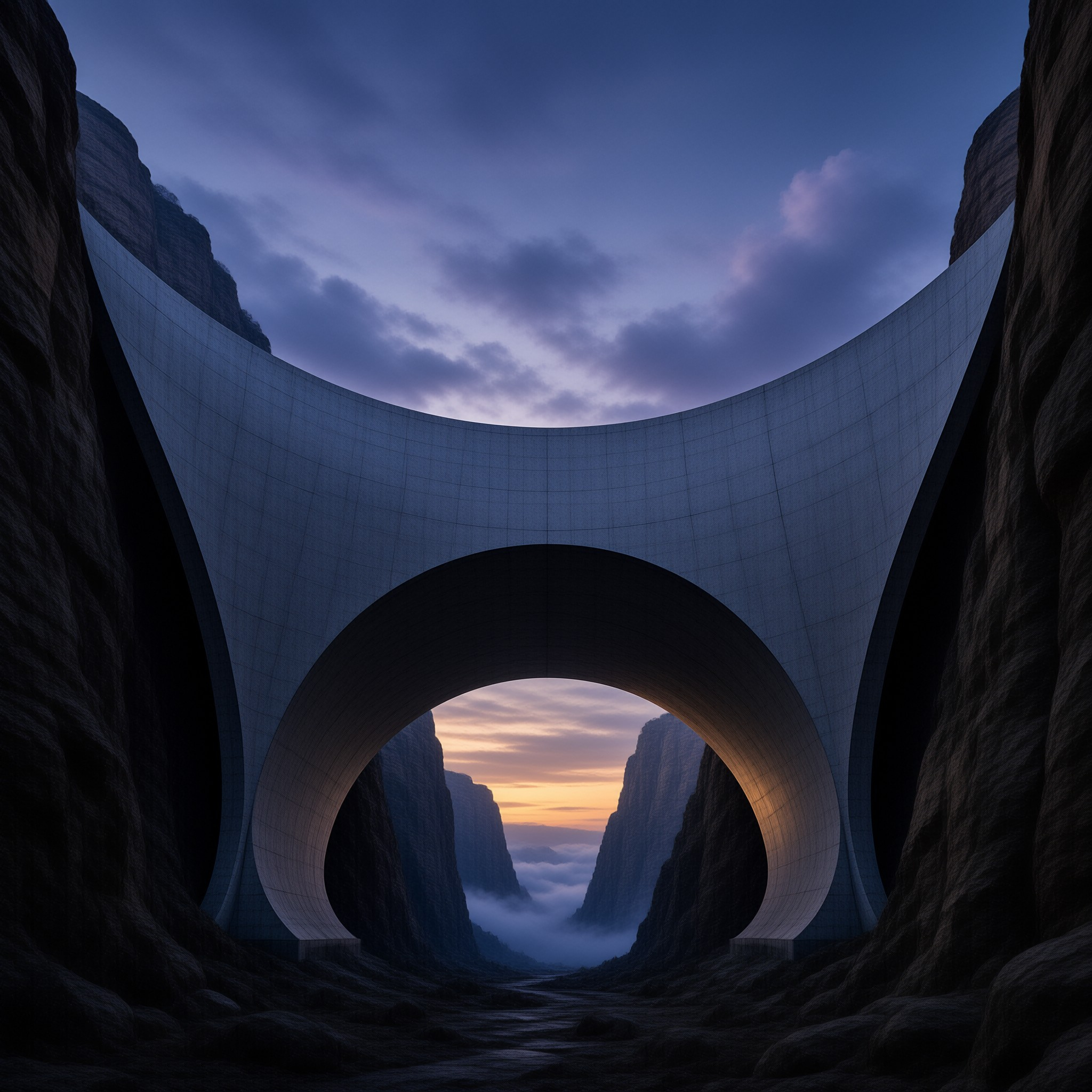Massive curved structure crosses a rocky gorge while orange sunset light shines through the central archway above fog.