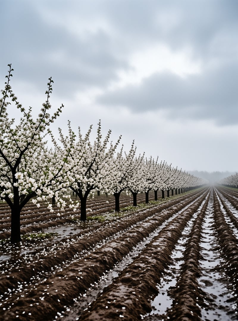 Rows of white blossoming fruit trees planted in neat lines within a wet muddy field under grey cloudy skies with distant mist obscuring the horizon.