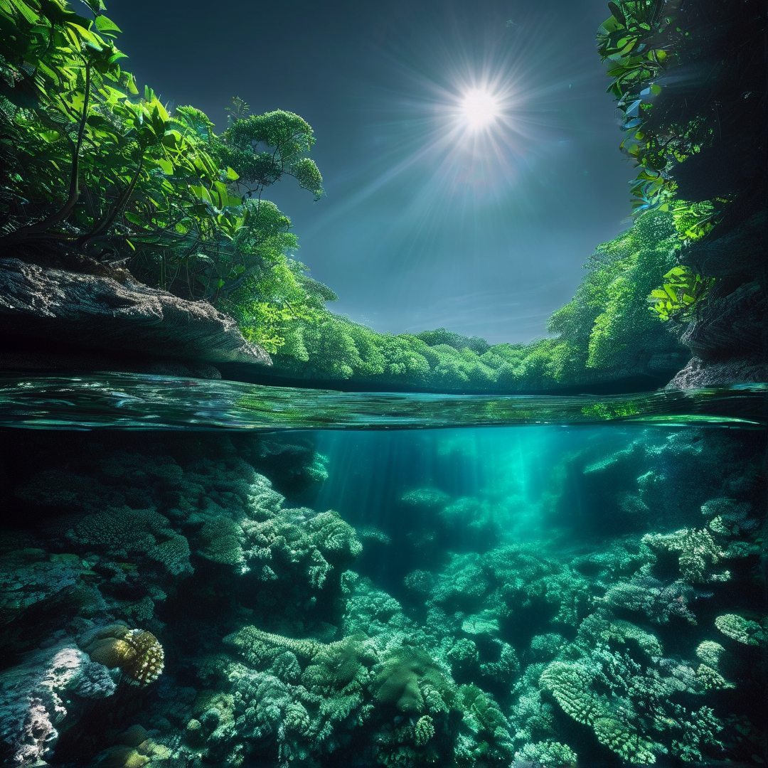 Split level view of a tropical lagoon with lush vegetation on banks and clear water revealing a diverse coral reef below.