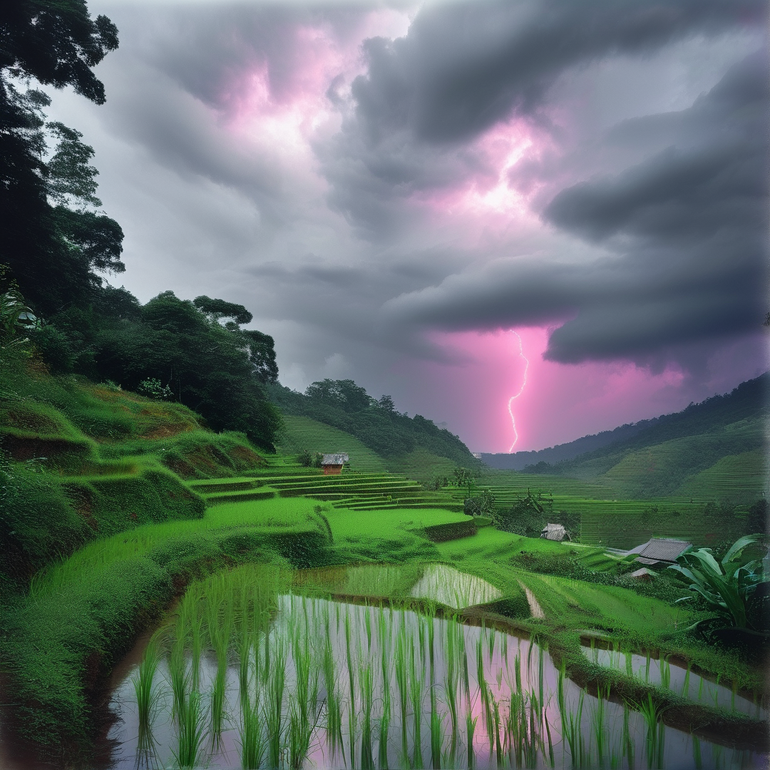 Lush green rice terraces filled with water sit beneath a turbulent sky where a brilliant pink lightning bolt strikes the distant hills.