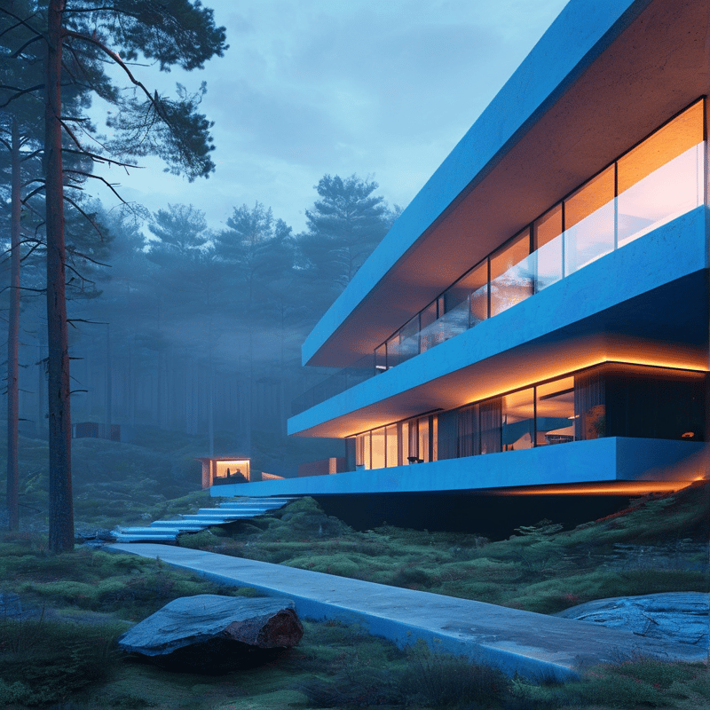Modern Forest Cabin at Dusk
