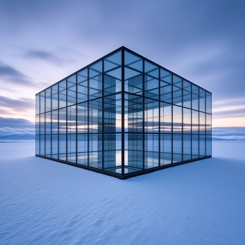 A glass cube building stands on a snow-covered plain under a soft blue and purple sky, its transparent walls reflecting the surrounding landscape and the changing light of dawn.