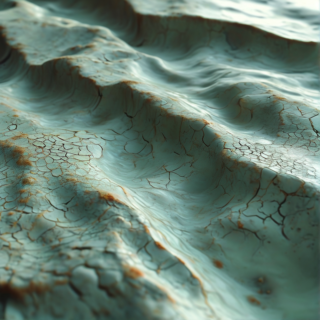 Close up view of dried mud surface with wavy undulations and cracks revealing brown earth beneath the blue layer.