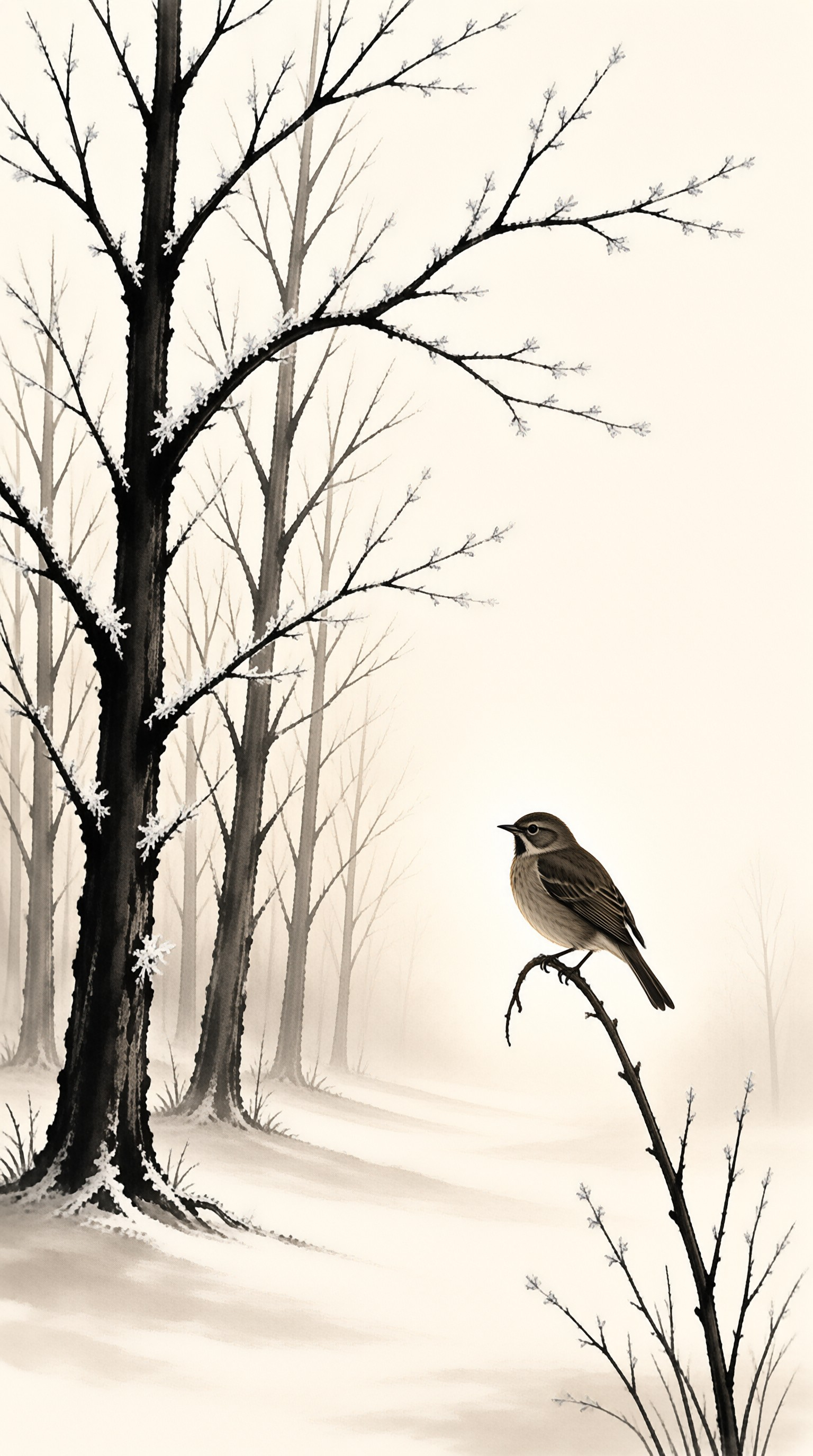 A small songbird rests on a thin branch while standing in a foggy winter forest filled with bare trees.