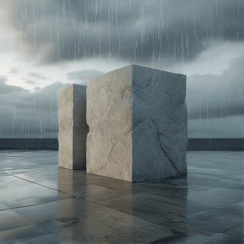 Two massive stone monoliths stand on a wet paved surface beneath a dark overcast sky with heavy rain falling.