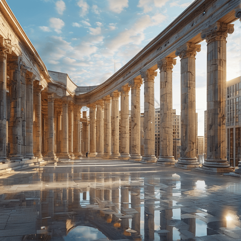 A curved classical colonnade stands under a blue sky while its reflection shimmers on a wet paved surface.