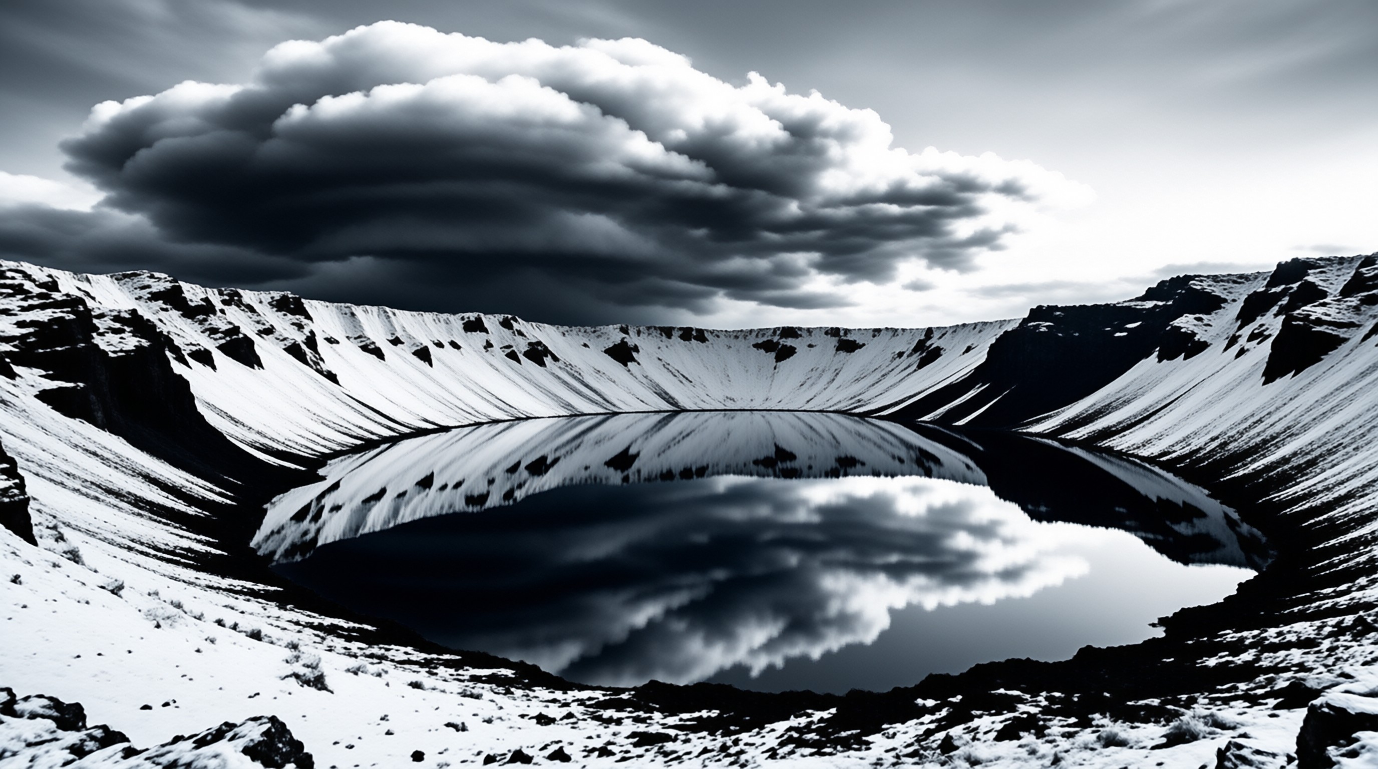 A calm volcanic lake inside a snow covered crater reflects the dark rolling clouds overhead and the steep white slopes surrounding the basin.