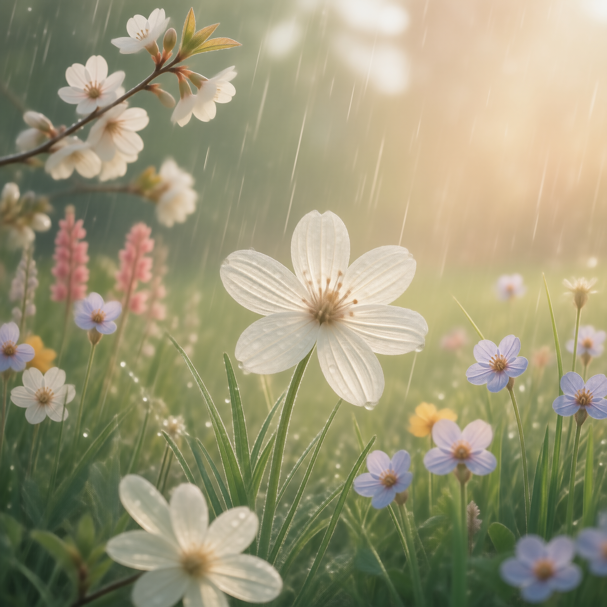 Blooming Flowers in Rain