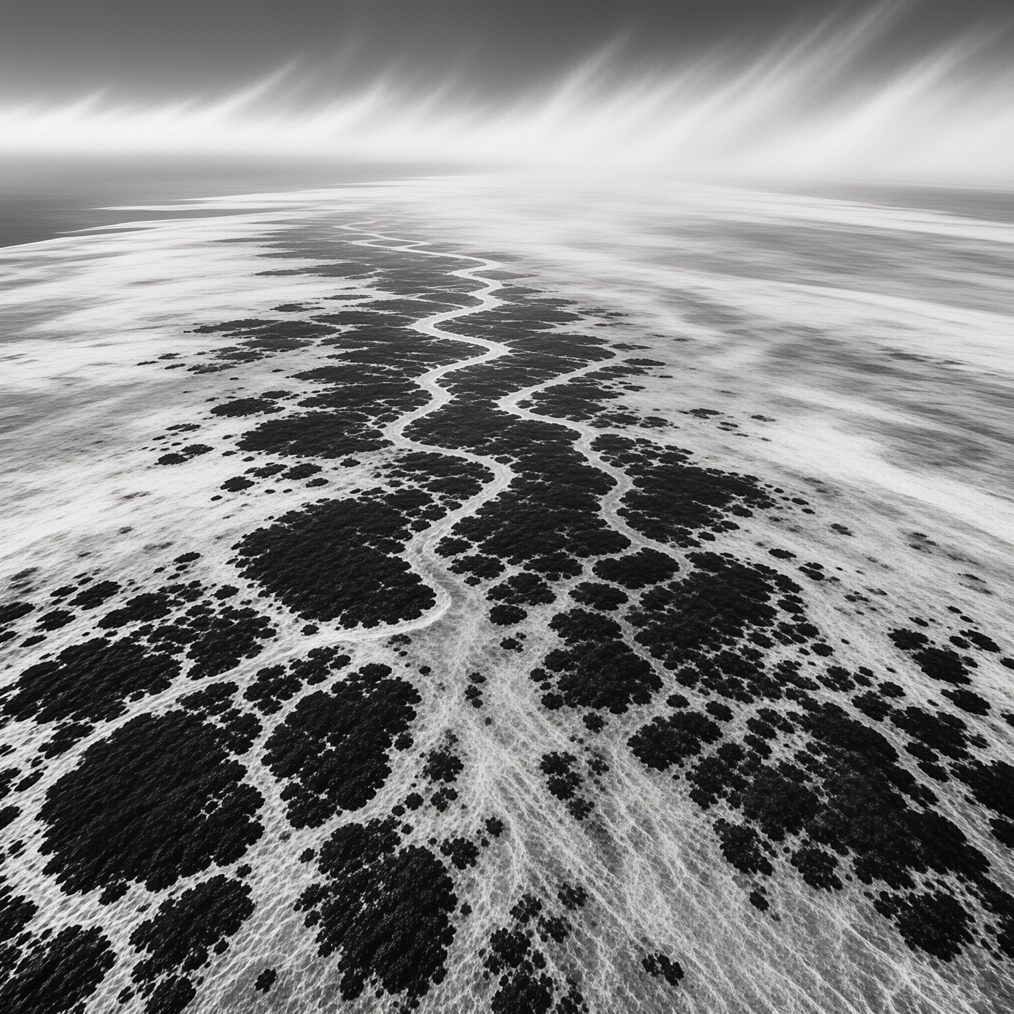 Aerial view of a salt flat featuring winding channels and dark patches under a hazy sky.