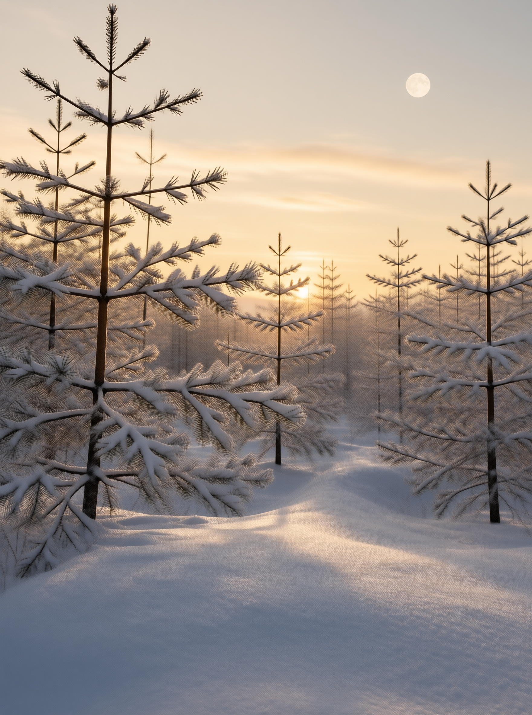 Snowy Pines at Sunset