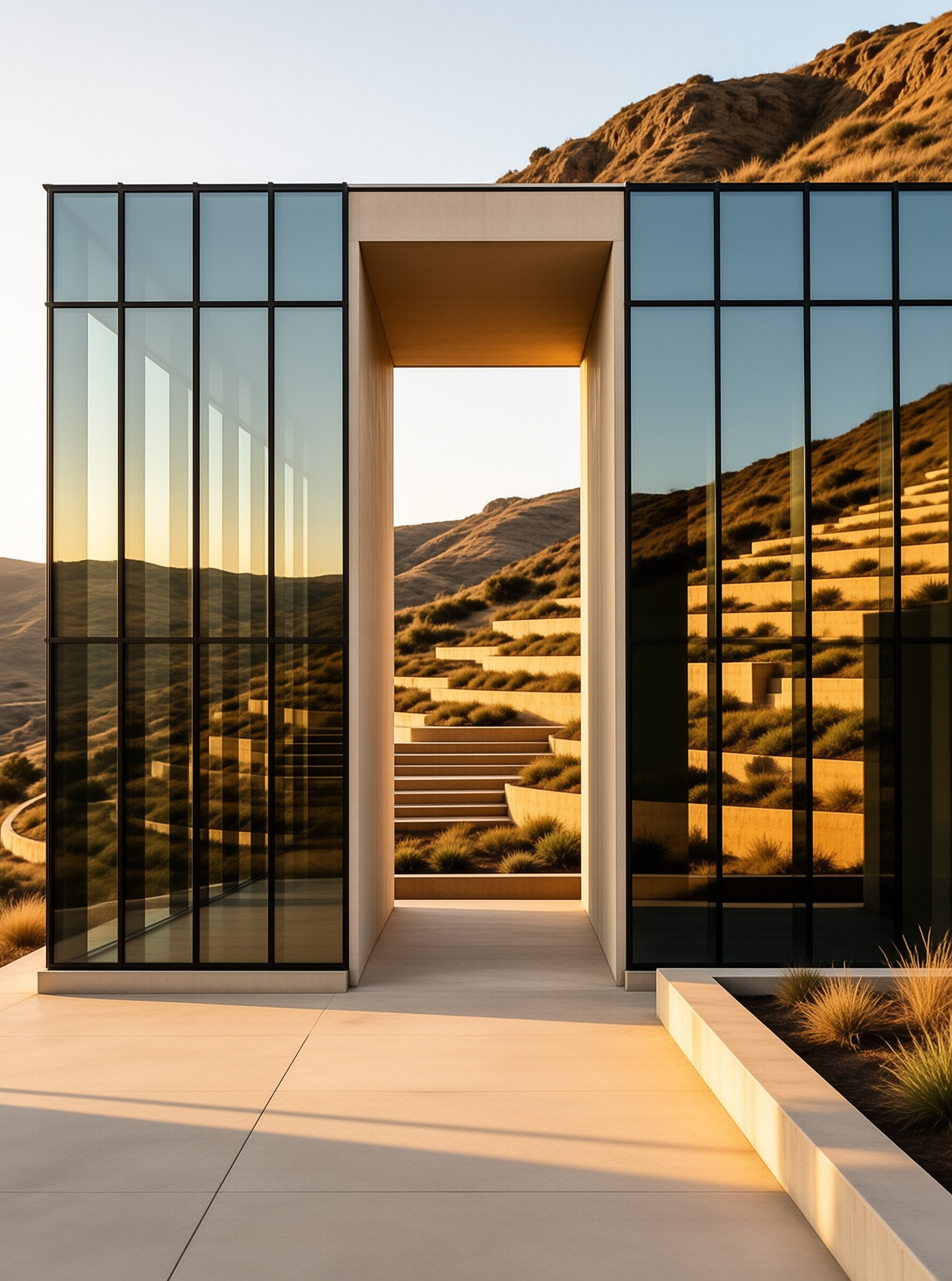 Minimalist desert house with reflective glass walls faces terraced dry hills glowing in warm low sun