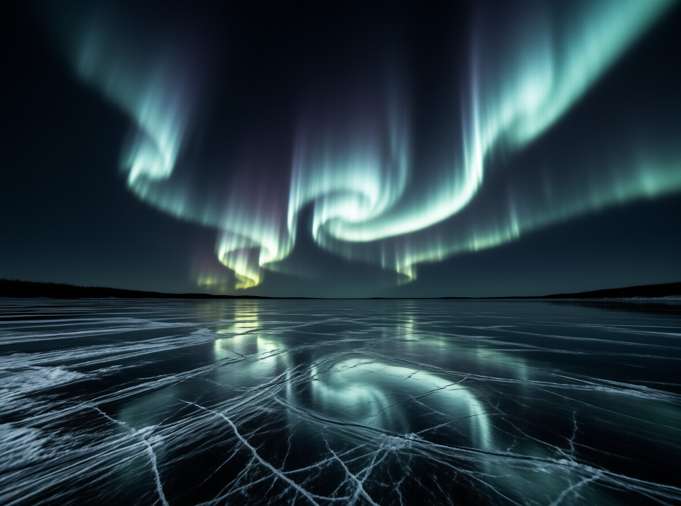 Bright green aurora curtains ripple over a dark frozen lake that mirrors the swirling lights in the night sky.