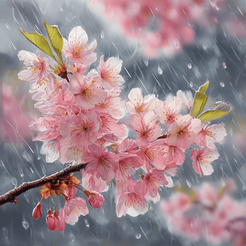 Pink cherry blossoms cluster on a woody branch, with slanted rain streaks and droplets falling across a blurred pastel floral backdrop.