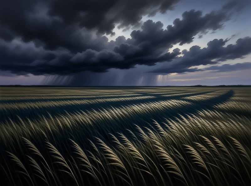 Expansive grain field with bent stalks under dark clouds and distant rain shafts glowing against the horizon.