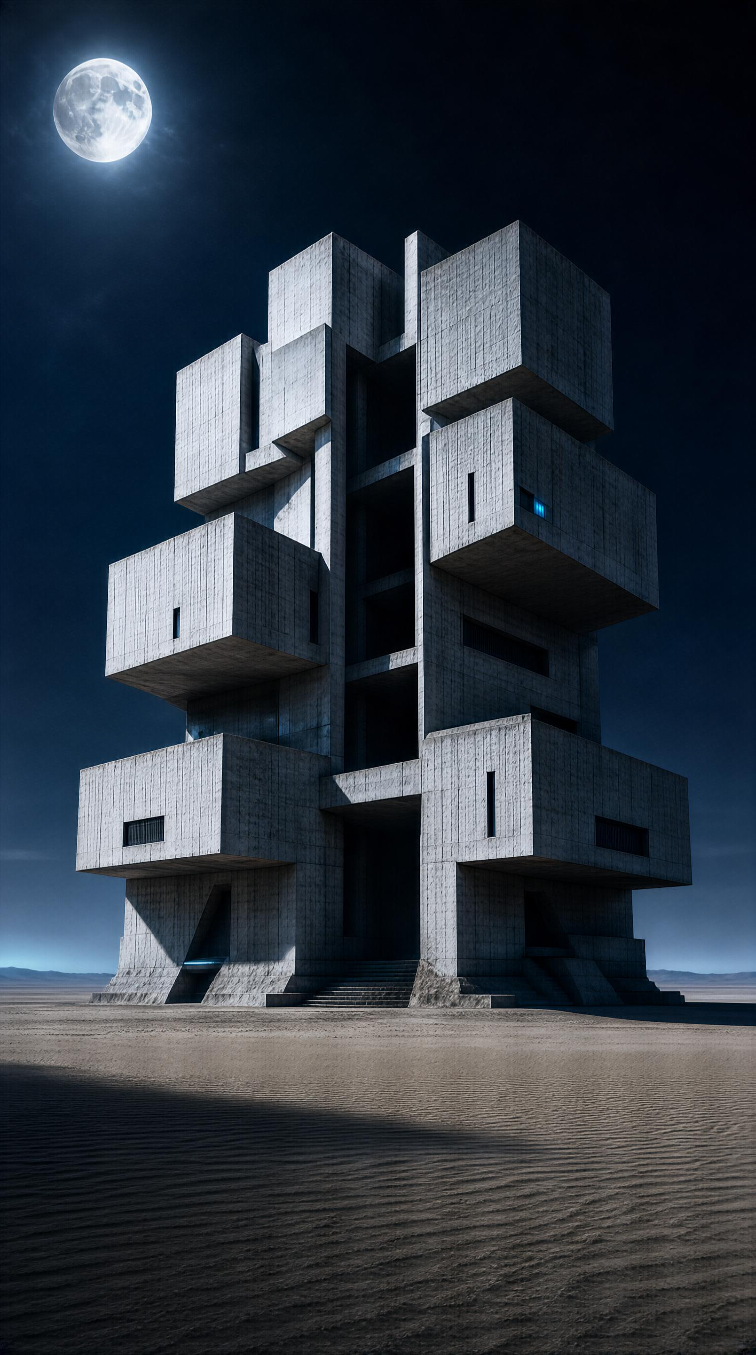 Modern Concrete Tower in Desert Night
