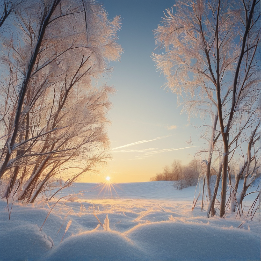 Sunlit Frosty Trees in Winter