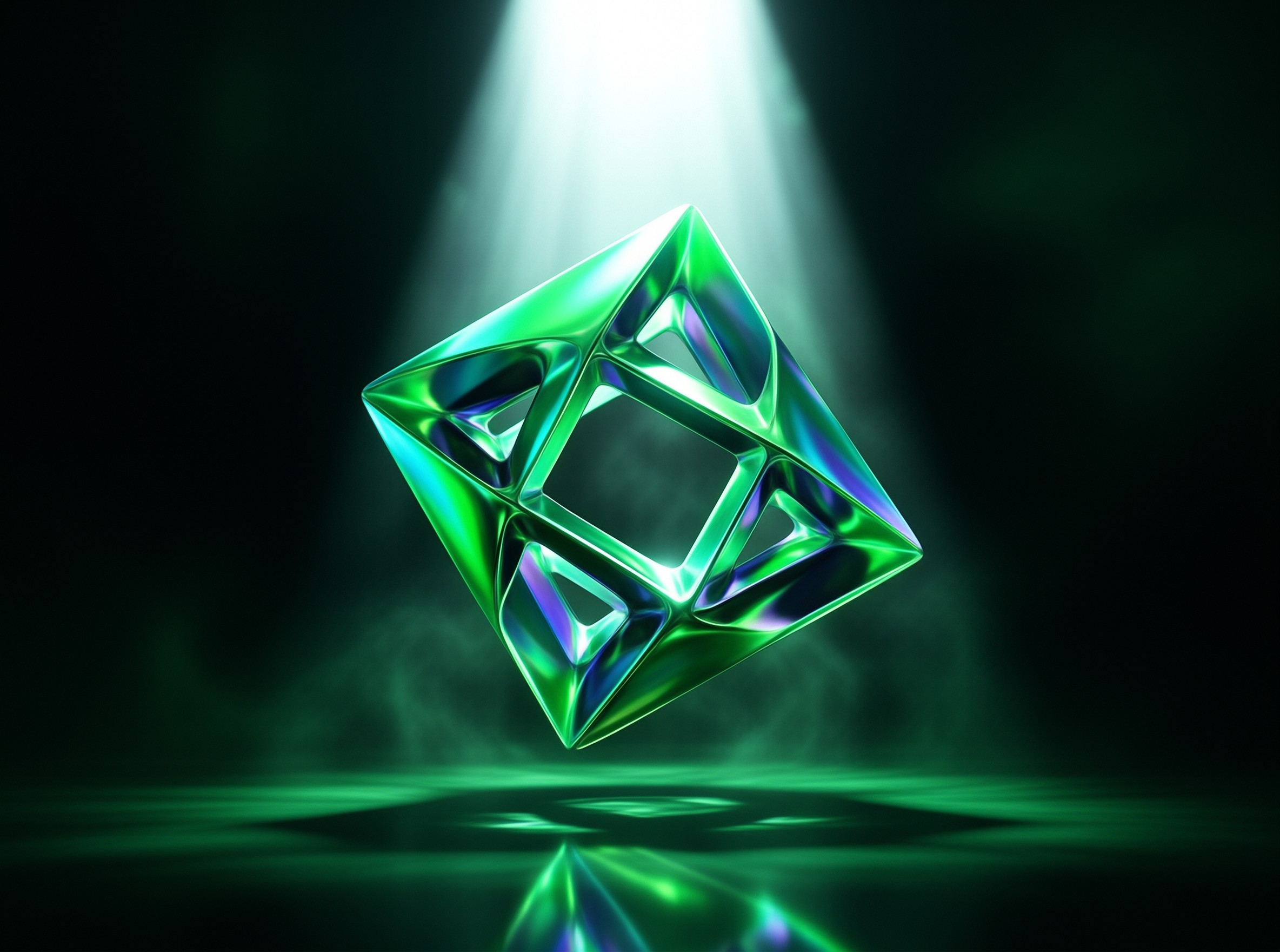 A reflective green metal structure hangs suspended in darkness with a bright spotlight shining down on it.