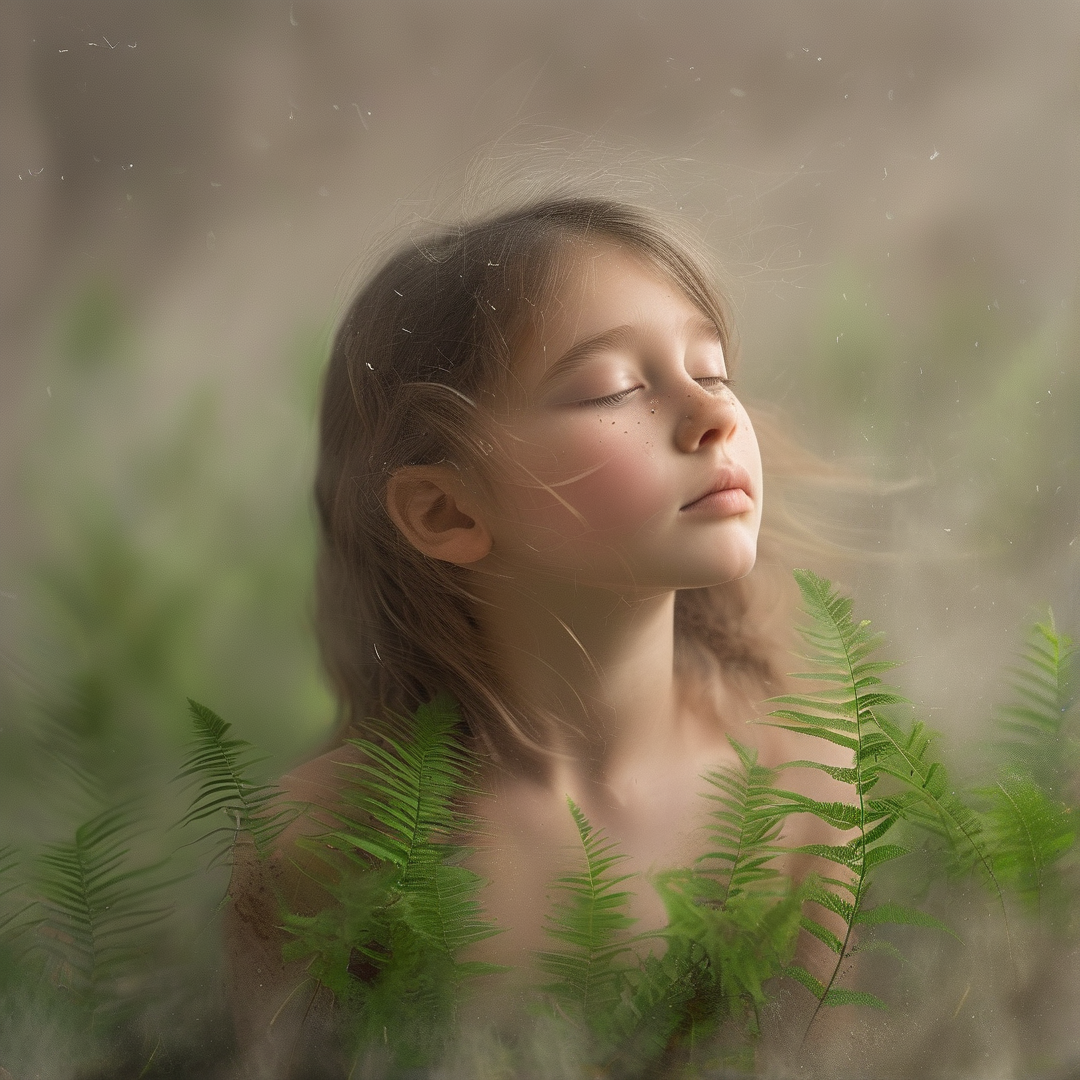 A young girl with closed eyes and freckles stands among green ferns under soft hazy light.
