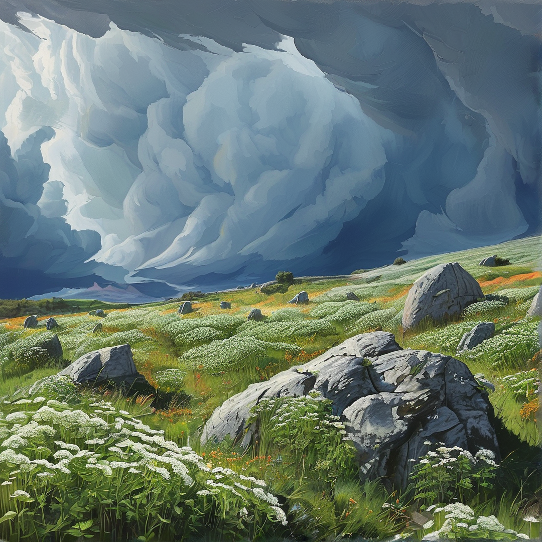 A grassy field with grey rocks and white flowers sits under a huge sky of dark and light storm clouds.