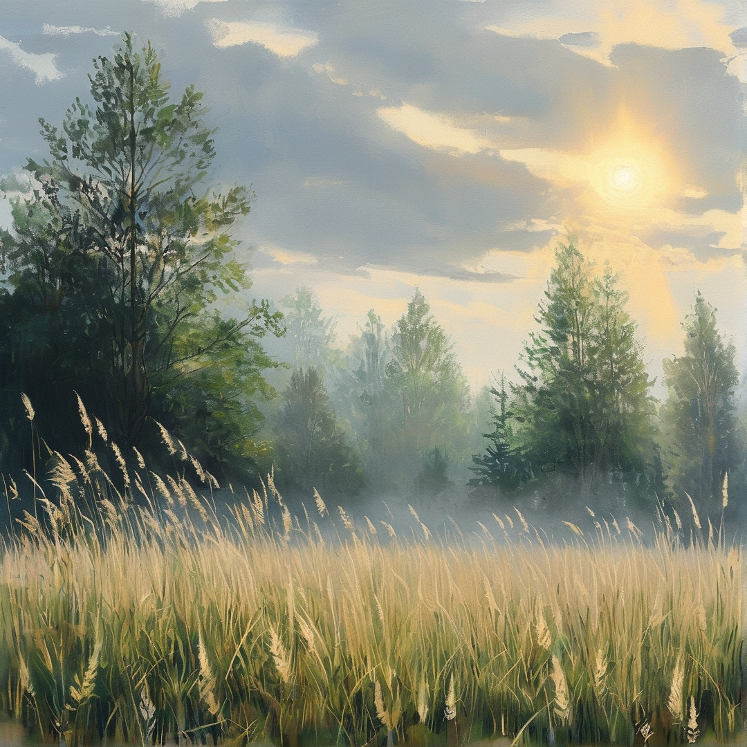 Feathery grasses sway in the foreground before misty evergreen trees while bright sunlight breaks through the clouds above.