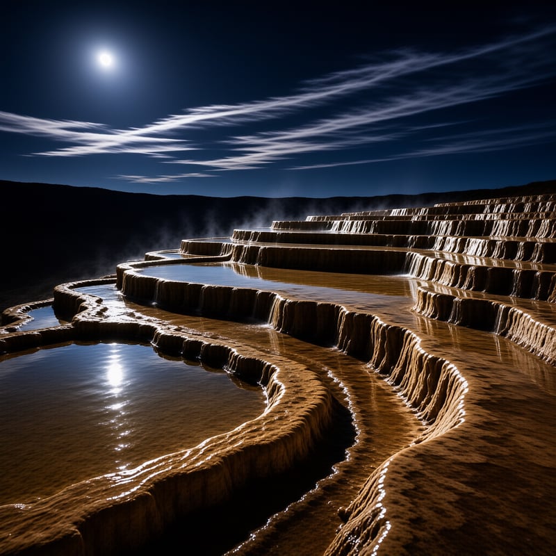 Layered travertine pools reflect moonlight with mist rising, dark hills under a deep blue sky.