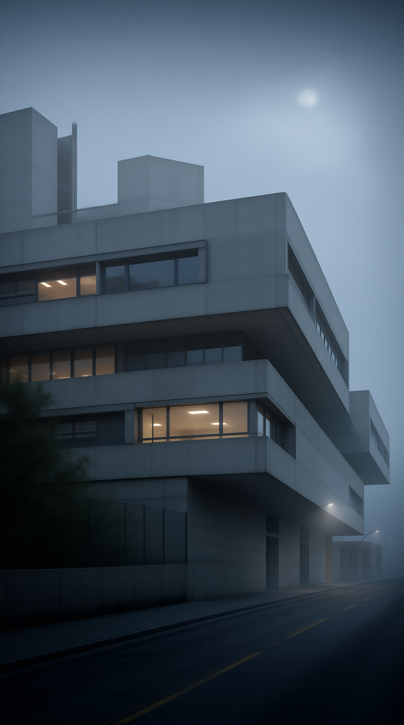 Brutalist Office in Evening Fog