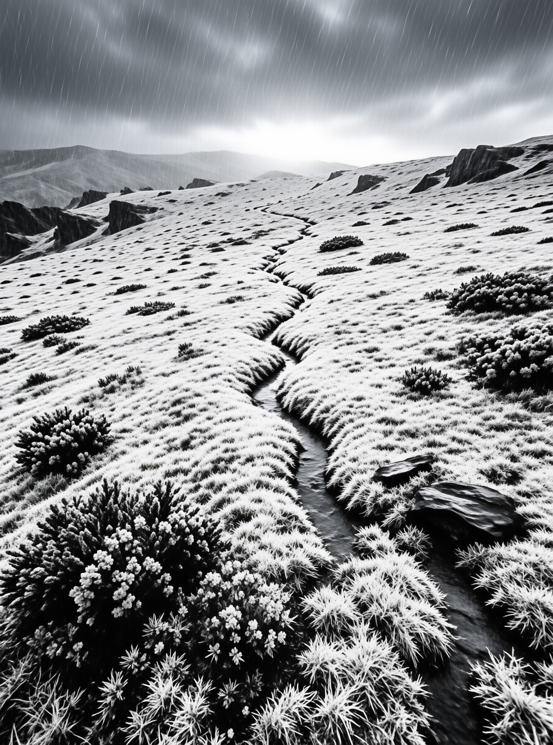 A narrow stream threads through frost-white moorland grass as rain streaks a grey upland sky.
