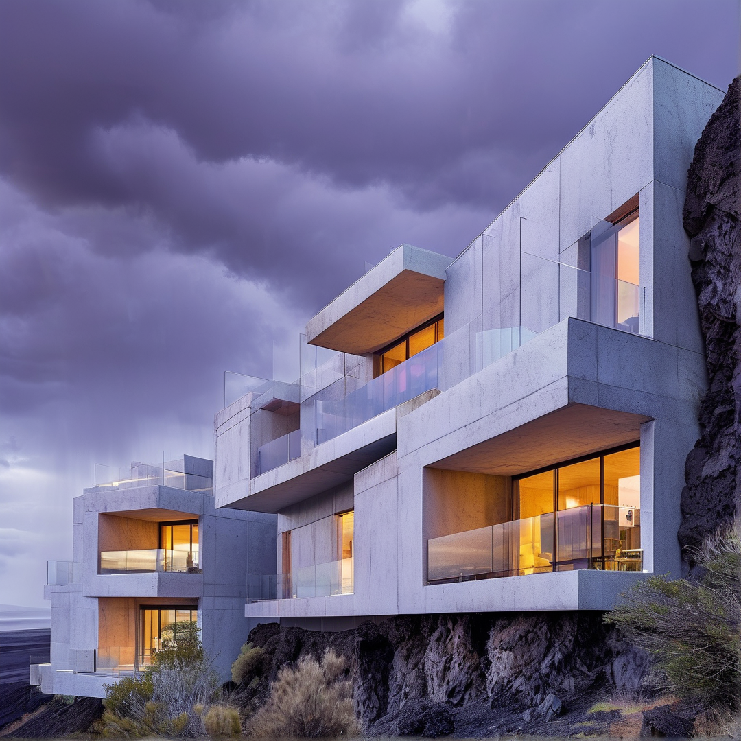 A modern concrete house cantilevers from a rocky cliff, with warm interior lights glowing against a purple stormy sky.