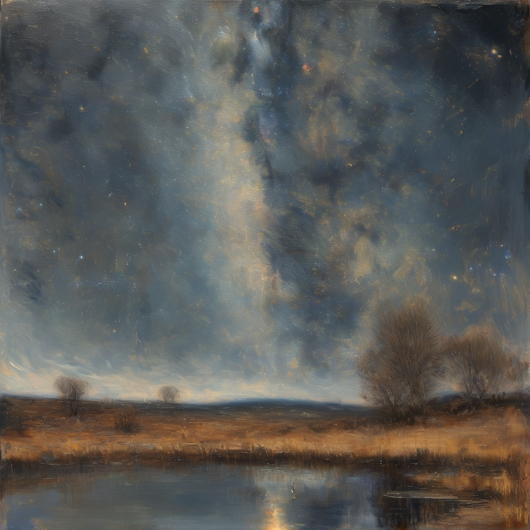 A painted night sky shows the Milky Way over dark trees and reflective water bordering golden grasses.