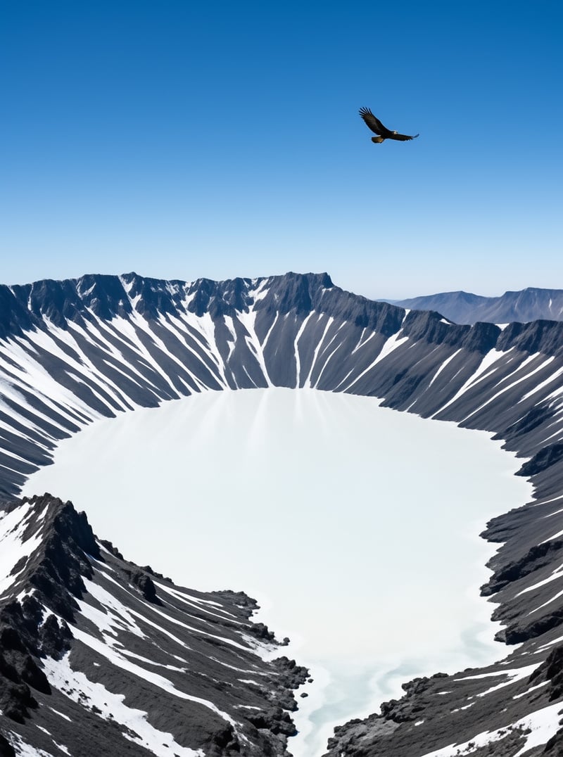 A large raptor glides through clear blue sky above a vast frozen crater surrounded by dark rocky slopes streaked with snow.