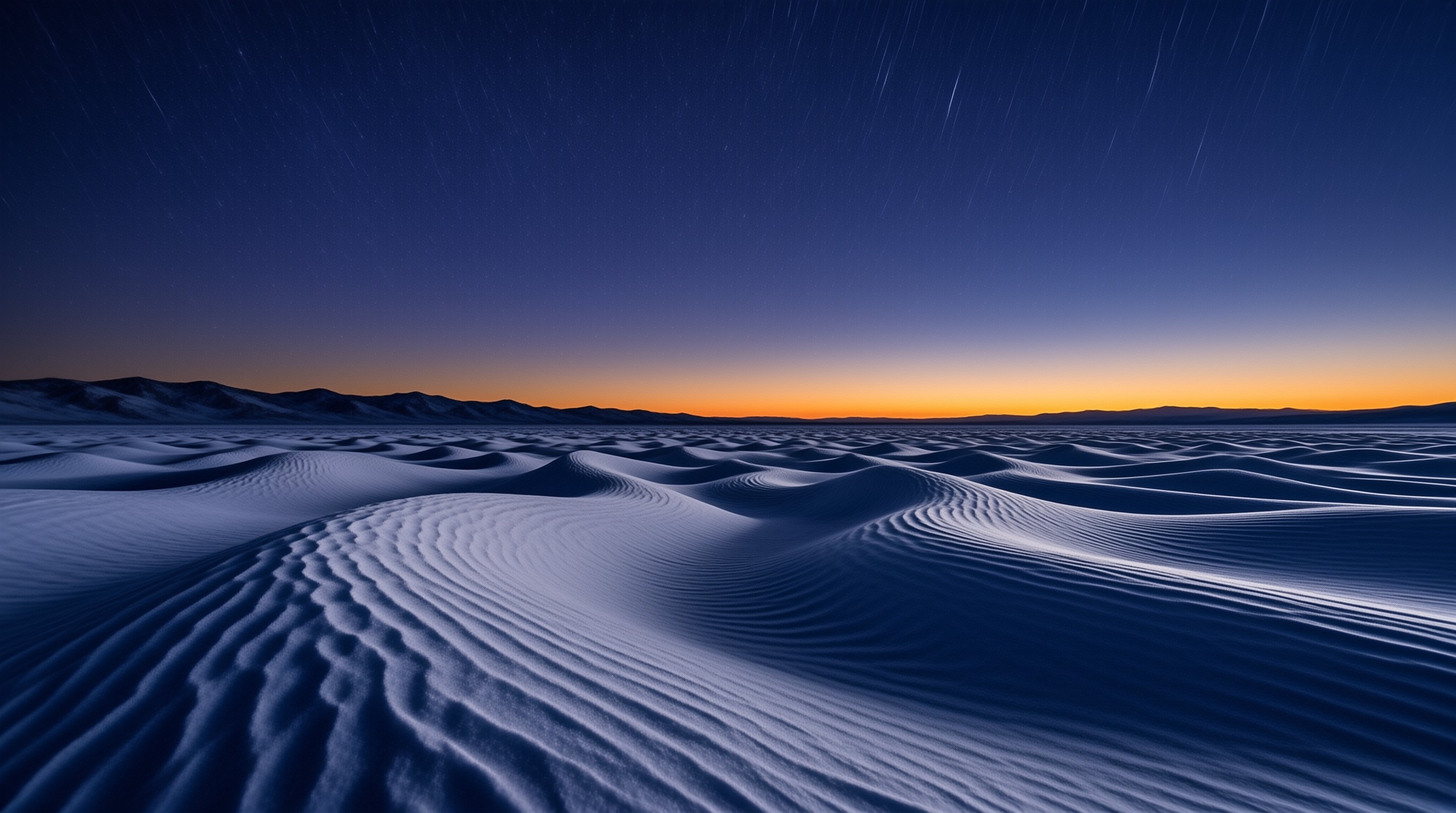 Rippled white sand dunes stretch across a desert under a starry sky with an orange horizon glow.