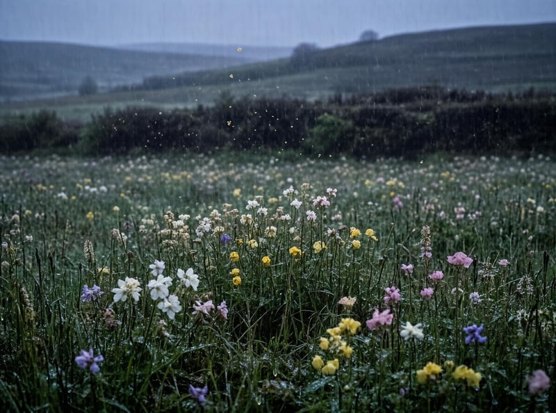 Rainy Meadow with Wildflowers