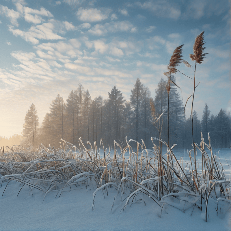 Tall dried reeds covered in frost stand before a misty pine forest in soft winter sunrise light