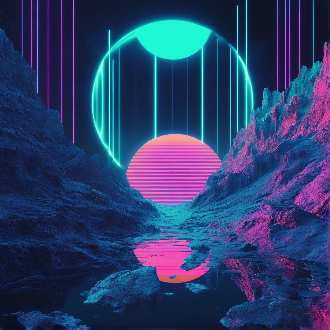 A surreal landscape features a striped pink sun setting into a canyon while neon lines and a cyan ring illuminate the dark sky.