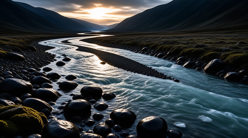 A winding braided river flows between mossy banks and black rocks in a valley during sunset.