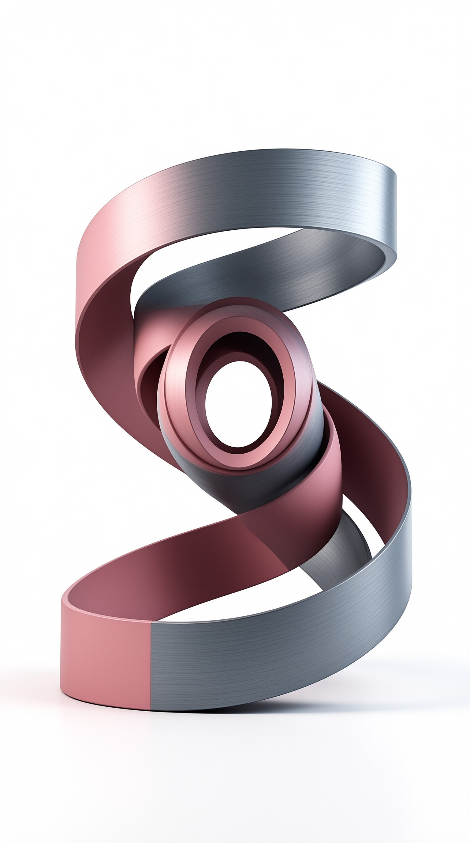 A twisted metallic ribbon forms a spiral structure with pink and silver gradients against a plain white backdrop.