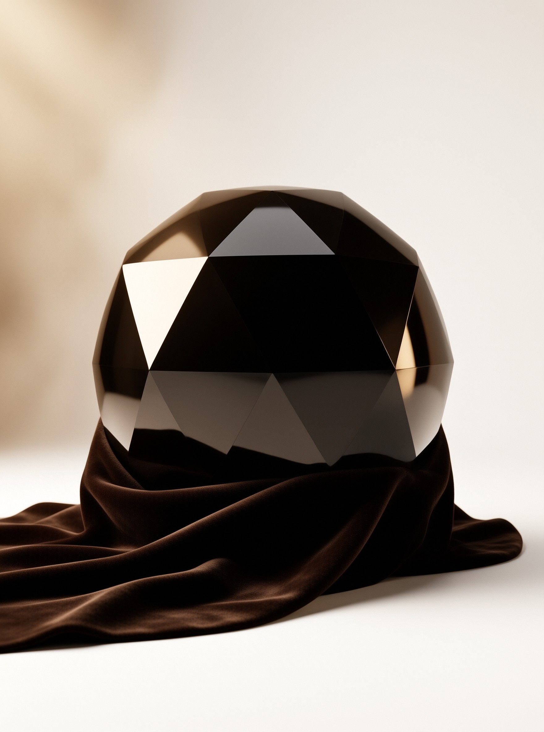 A dark geometric faceted crystal sits upon draped brown velvet against a light beige studio background with soft lighting.