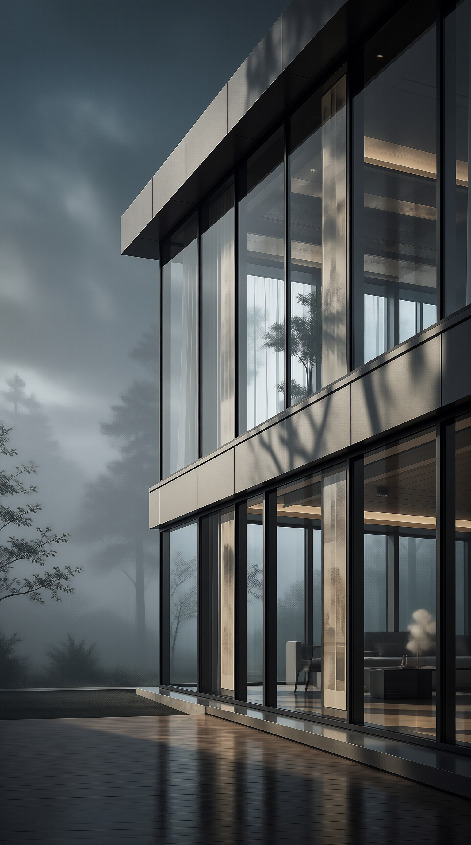 Modern Glass House in Misty Forest