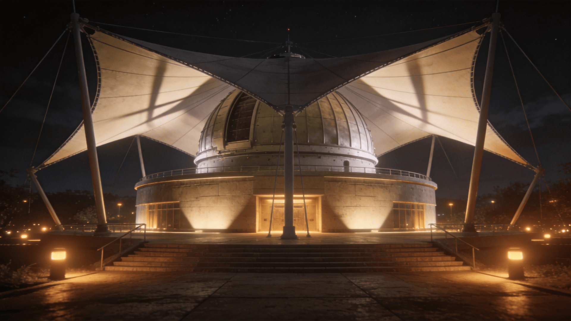 Observatory with Tensile Structure — Night With Warm Lights