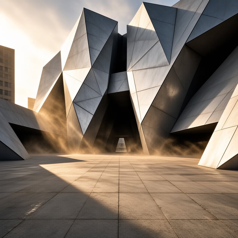 Sharp triangular concrete planes rise over an empty tiled plaza as golden sunlight cuts through dust at the entrance.