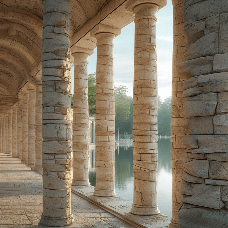Ancient stone columns line a covered walkway overlooking calm blue water surrounded by green trees under soft natural light